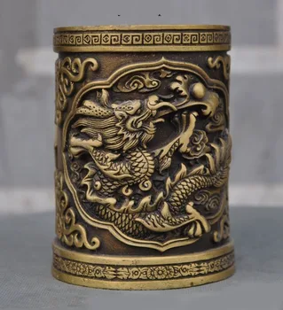 

wedding decoration Old Chinese Dynasty Pure bronze dragon play bead lucky Brush Pot Pencil Vase christmas