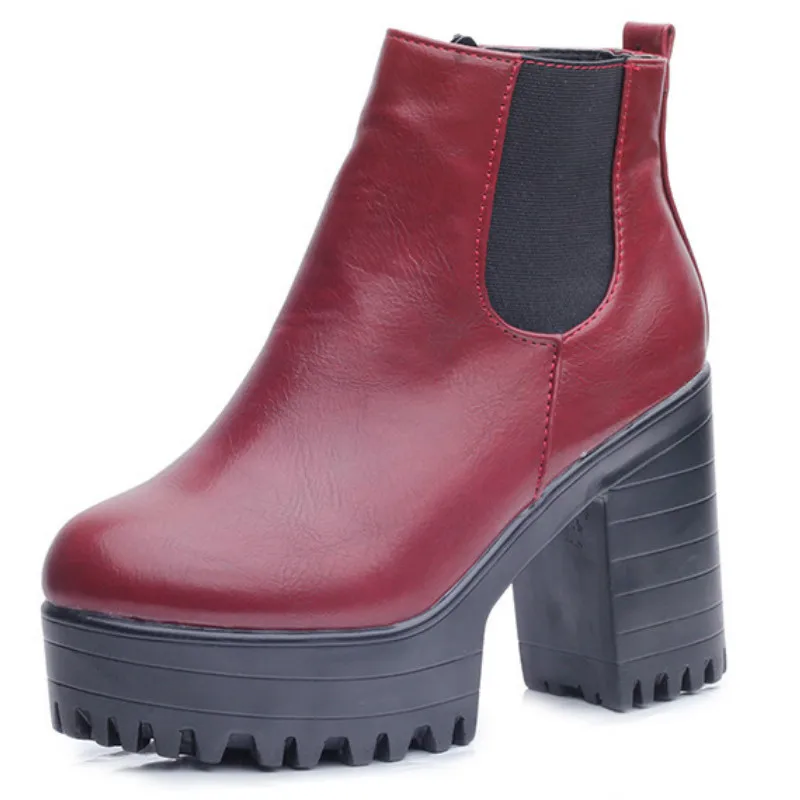 Fujin/женские сапоги на квадратном каблуке; zapatos mujer; сапоги-лодочки из искусственной кожи до бедра; обувь в байкерском стиле; высокие сапоги; кожаные ботильоны