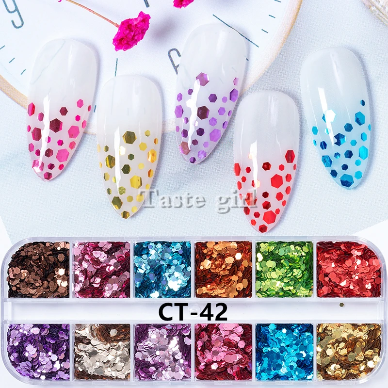 

12 colors/Set Holo Laser Hexagon Sequins Nail Glitter Mixed size Designs DIY Irregular Sequins shell foil Nail art dust powder