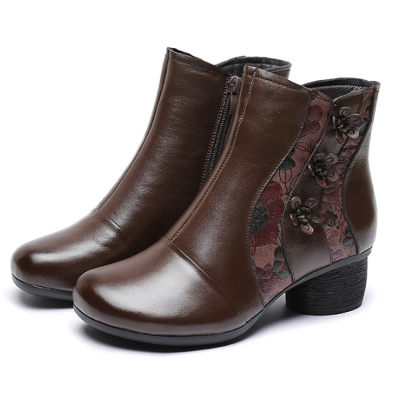 cálidas de piel auténtica para zapatos blandos cómodos con cremallera lateral, tacones medios botines invierno|Botas hasta el tobillo| - AliExpress