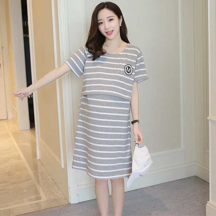

Summer Japanese Style New Style Maternal Nursing wei nai qun Stripes Printed Short Sleeve Pure Cotton Pregnant Women Breastfeedi