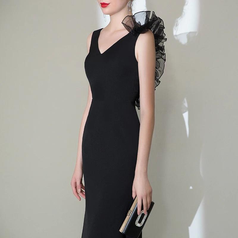 Элегантное вечернее платье русалки с v-образным вырезом, Qipao, черное сексуальное платье с открытой спиной, платье для выпускного вечера
