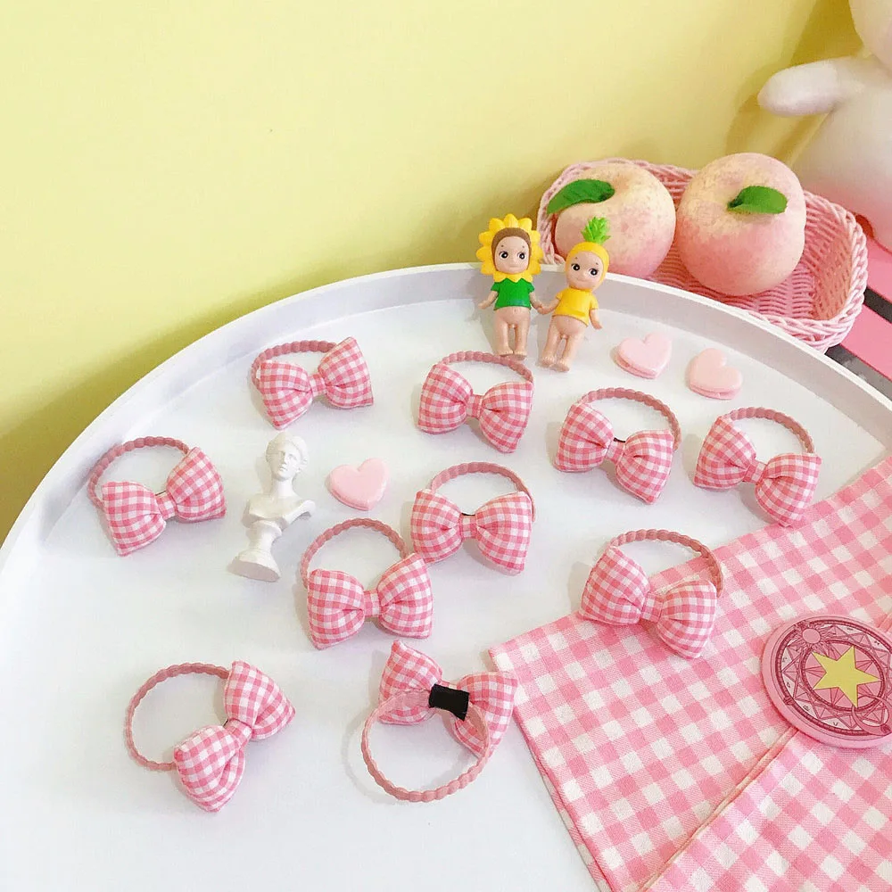 

Cute pink plaid bow hair ring soft girl hair rope girl rubber band jewelry