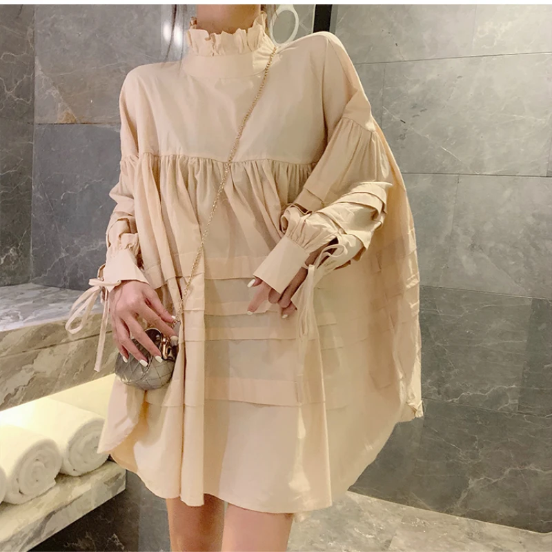 

Womens Clothing 2019 New Spring Autumn Long Sleeved Personality Design Korean High Street Loose Elegant Dress Solid Mini Dresses