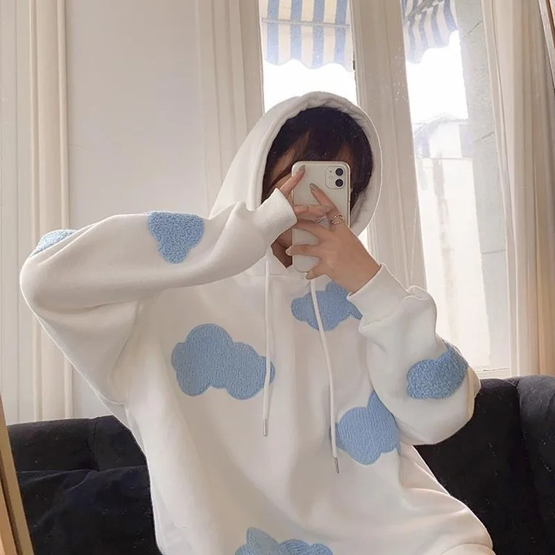 Sudadera con capucha informal para mujer, sudadera con nubes a la moda, Tops de manga larga cálidos de terciopelo, Kawaii coreano, Invierno 2020