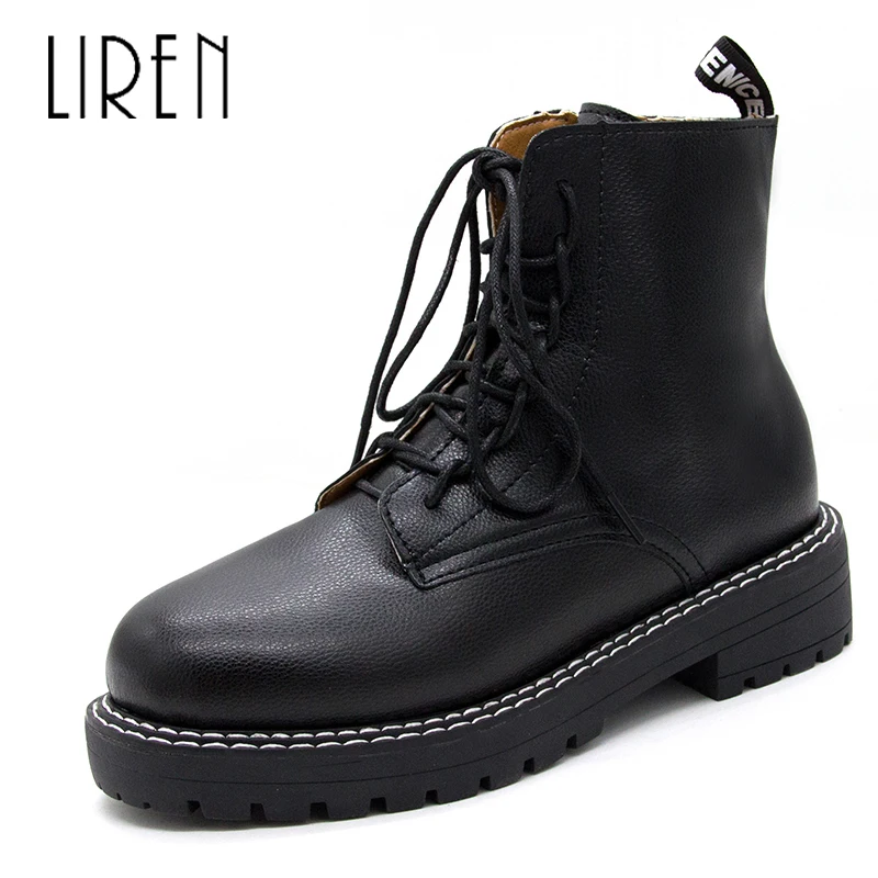 

Liren 2019 Spring/Autumn PU New Women Fashion Ankle Lace-up Boots Round Toe Med Square Heels Lady Comfortable Boots