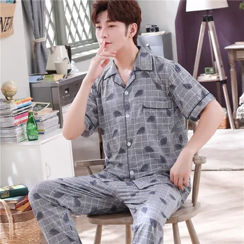 

Pajamas MEN'S Short Sleeve Shirt Trousers Spring and Summer Pure Cotton Thin Middle-aged Long Sleeve Tracksuit Casual Two-Piece