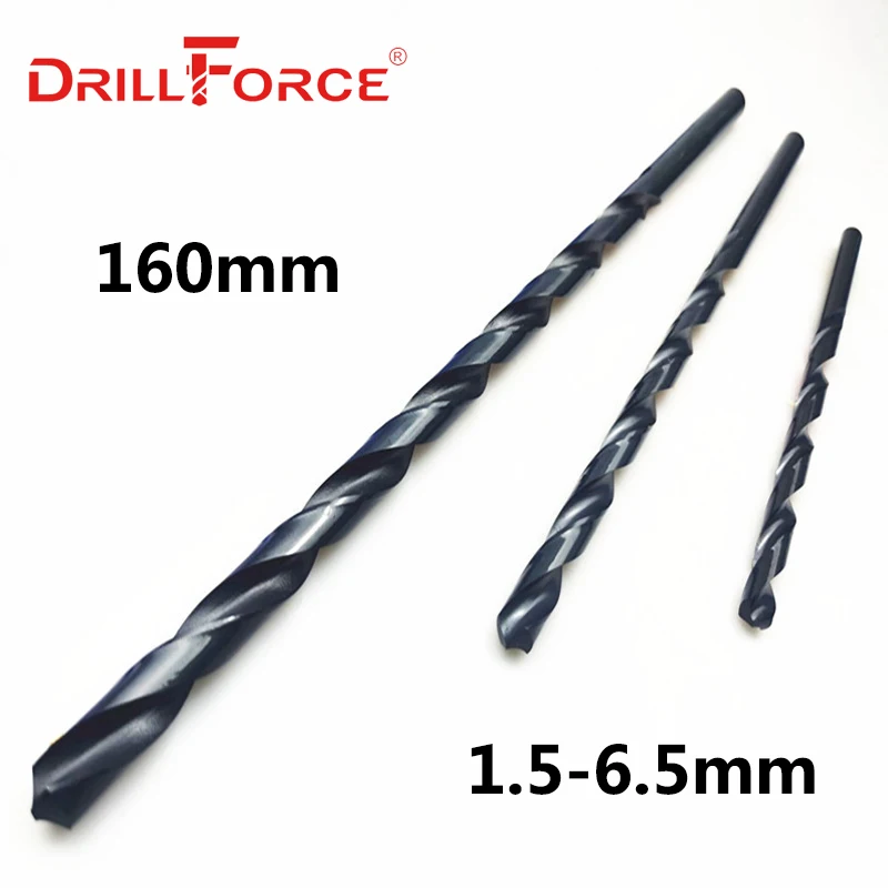 

Drillforce Tools 10PCS 1.5mm-6.5mmx160mm OAL HSS M2 Black Oxide Long Twist Drill Bits For Metalworking Alloy Steel & Cast Iron