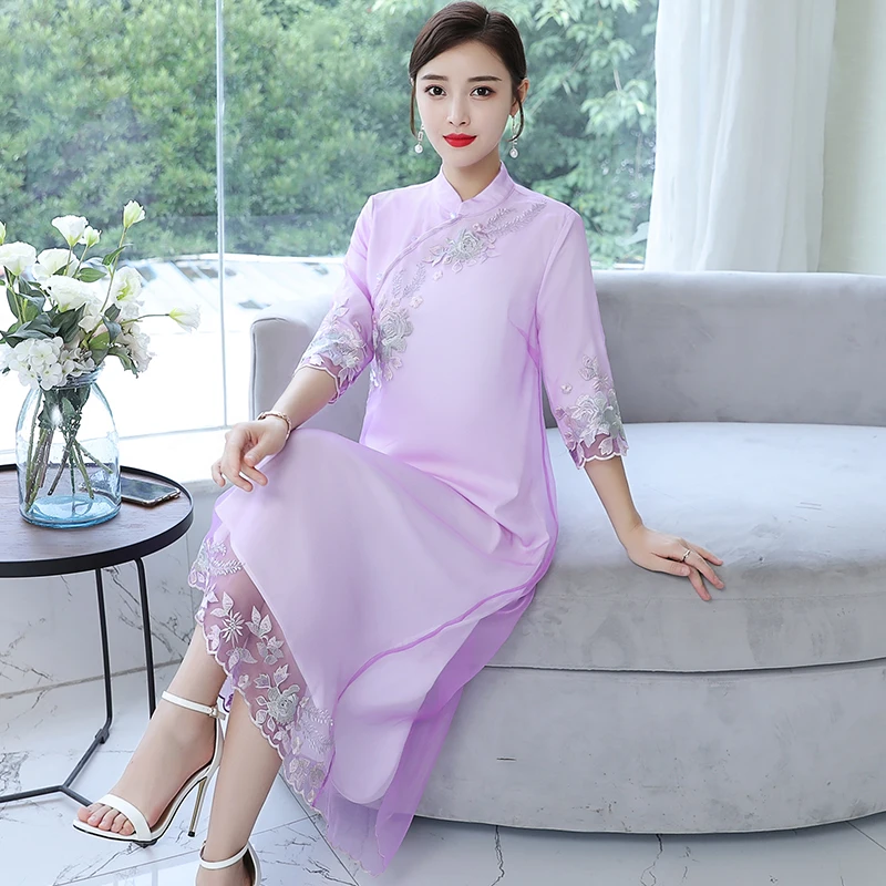 Китайский стиль, платья для женщин, qipao, женское платье с коротким рукавом, воротник-стойка, длинное платье, вышивка, улучшенное, cheongsam aodai - Цвет: color1