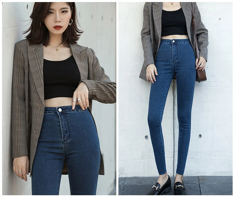Dark Blue no pocket Новые джинсы женские с высокой талией Блестящие Брюки Капри бойфренды тонкие Mo Wram черные джинсы женские джинсовые брюки уличная женская одежда - Цвет: Dark Blue no pocket