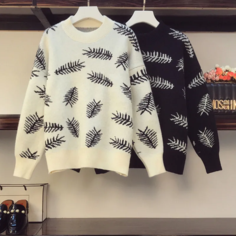

Autumn And Winter Plus Size M-4XL Women's Korean Sweater Fish Bone Jacquard O-neck Knitting Pullover Loose Elastic Force Tops