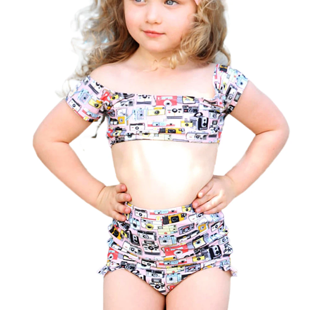 

Girls Swimming Costume 2pcs Swimsuit Camera Print Ruffles Swim Trunks Bathing Suit Set