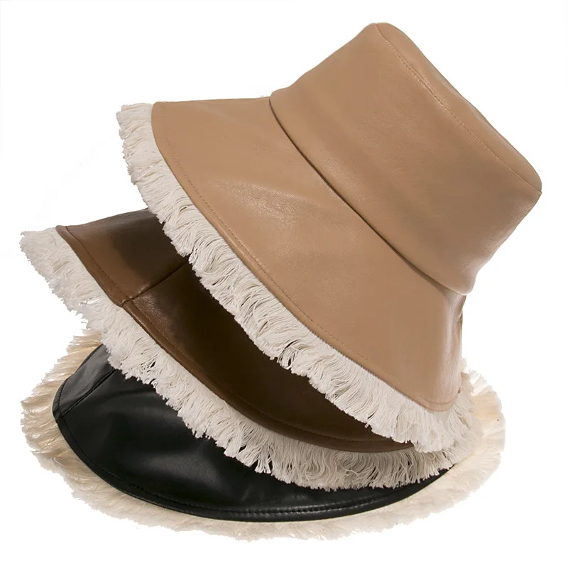 

Tassels Pu Panama Hat Female 2020 Fashion Japanese Style Beach Pure Color Sunscreen All-Match Dome Temperament Bucket Hats