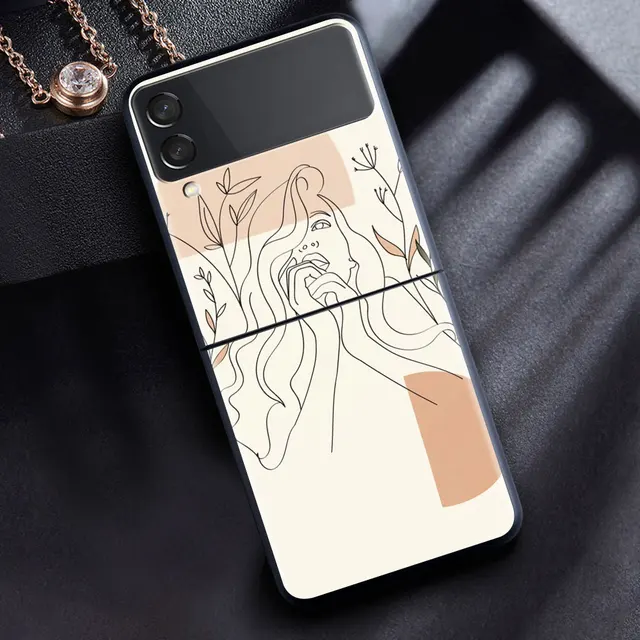 For Samsung Galaxy Z Flip 3 5G Case Luxury Matte Black Hard Phone Cover ZFlip 3 Shockproof Fundas Shell Abstract Women Face Line B11
