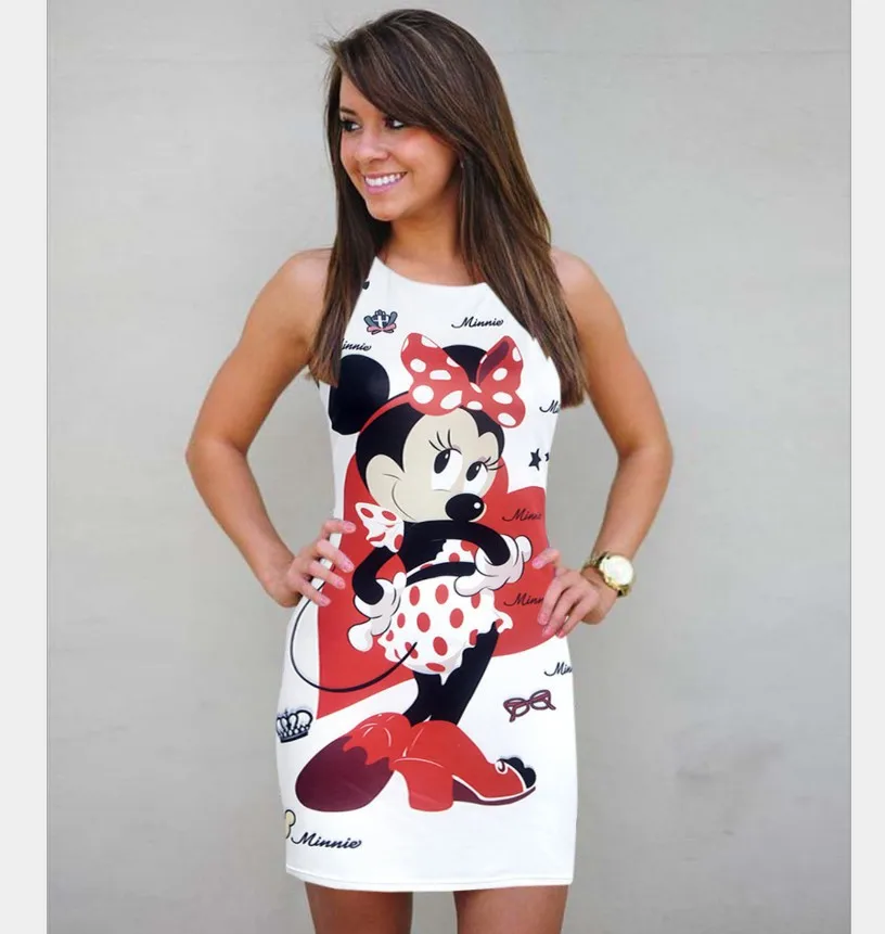 

2019 Fashion Hot Womens Clothing Spring and Autumn 3D Print Mickey Falda Mouse Elegant Sexy Pack Hip Dress Sleeveless Dress