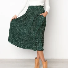 Эластичные повседневные винтажные плиссированные Свинг миди вечерние офисные в горошек Мягкие Карманы Женская юбка полиэстер пышные