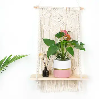 

Macrame Hanging Planter Basket Wall Handmade Plant Hanger Pot Indoor Purl Edging and Wood Bead Party Wedding Home Decoration