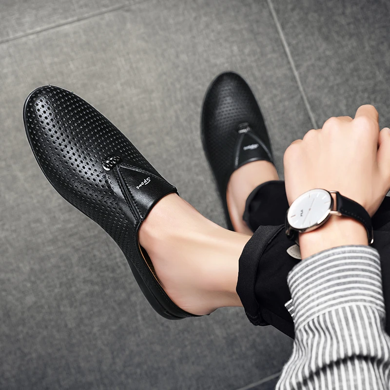 Luxury Designer Italian Men Half Shoes Leather Mens Casual Shoes Drop Ship Coiffeur Mules Man Slides Backless Loafers Slipper 3