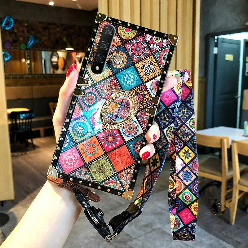 Чехол в богемном этническом стиле с квадратным кольцом Blue Ray для samsung Note 10 S10 Plus S10e S9 S8 Plus Note9 8 A10 A30 A70 M20 M30 - Цвет: shell ring lanyard