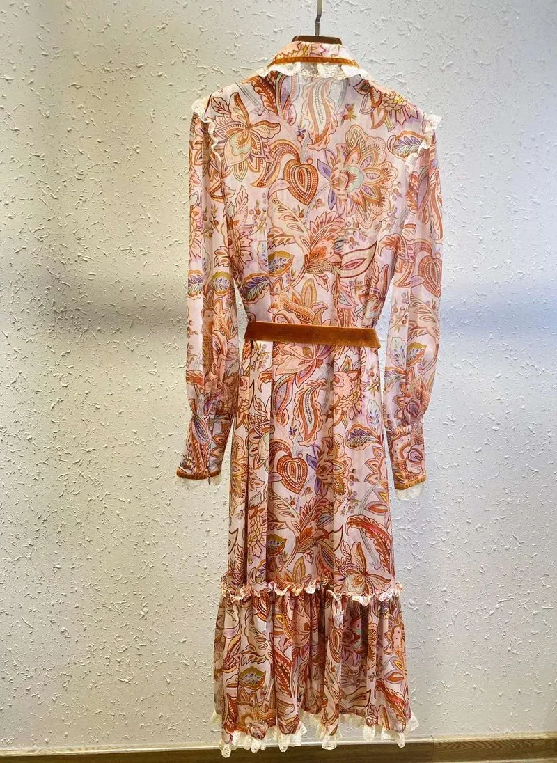 High Quality New Runway Style Dress 2020 Autumn Party Ladies Lace Deco Long Sleeve Khaki Floral Print Dress Casual Club Wear