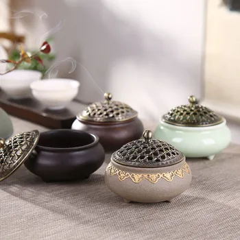 

Ceramic incense burner three-legged stove sandalwood antique incense burner alloy mesh cover multi-color optional c