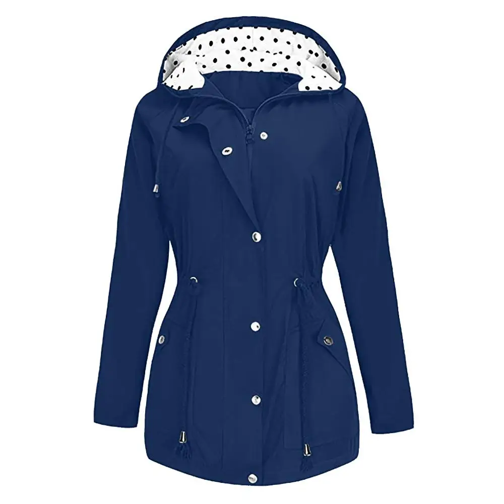 Плюс размер женская уличная Водонепроницаемая легкая ветровка, куртки с капюшоном, дождевик, женское однотонное Свободное пальто для пеших прогулок с карманом - Цвет: Navy