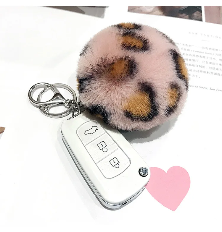 New Cut Leopard Ball Heart Keychains Keychain Ring on Car Bag Wallet Chain Fluffy Key Chain Trinket Accessories Keyring