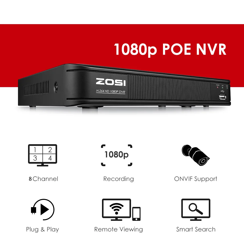 ZOSI 8 канальный 1080P POE CCTV система NVR комплект 4 шт. 2 МП Водонепроницаемая пуля наружная IP камера P2P Onvif безопасности