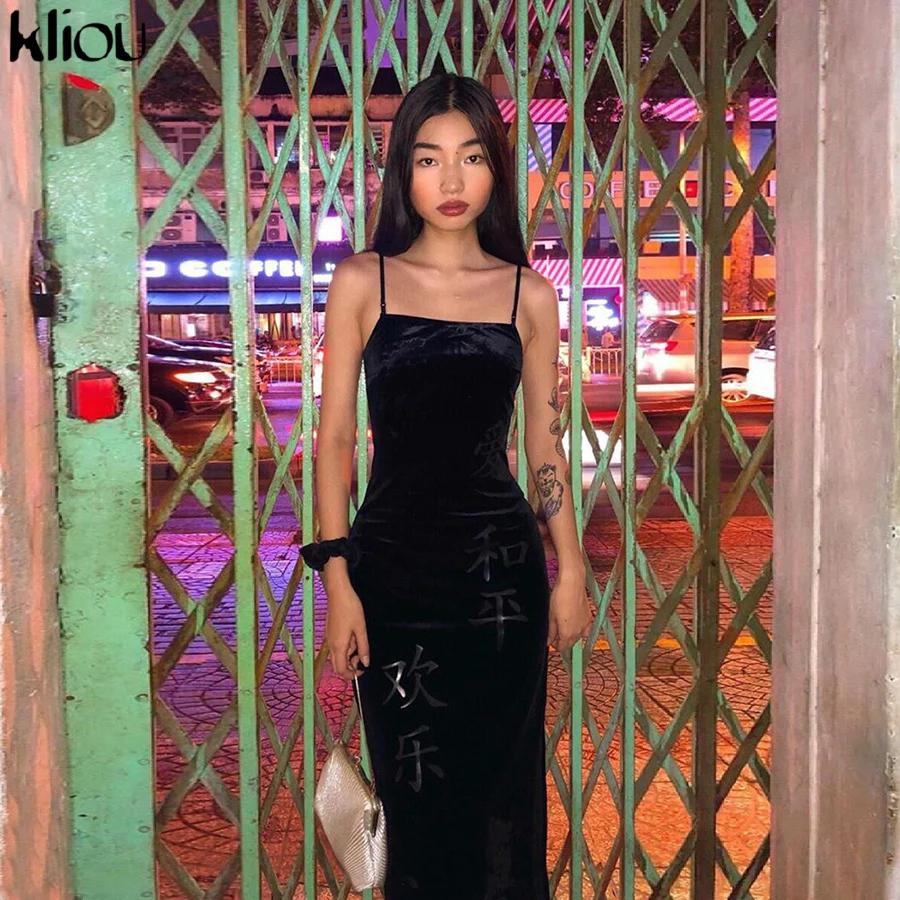 Kliou без рукавов китайский принт бархат bodycon макси длинное платье осень зима женские вечерние элегантные наряды уличная одежда