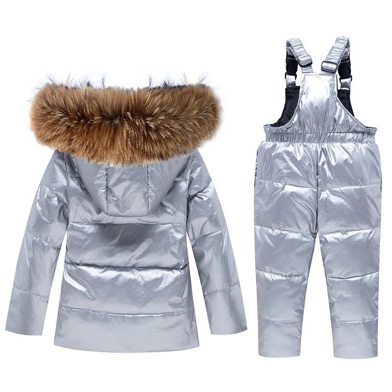 Комбинезон зимний детский Детская одежда для мальчиков и девочек; зимний комбинезон; Модный пуховый костюм серебристого цвета; ветрозащитная Водонепроницаемая парка; теплая одежда для маленьких девочек
