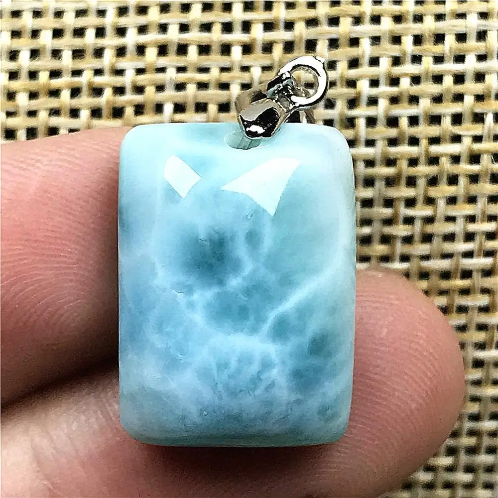 

Natural Blue Larimar Rectangle Pendant For Woman Man Crystal 18x13mm Beads Silver Dominica Clear Water Pattern Gemstone Jewelry