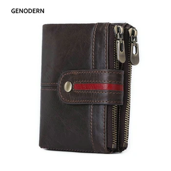 

GENODERN New Genuine Leather Men Purse Large Capacity Short Wallet For Men Card Double Zipper Men Wallets carteira feminina
