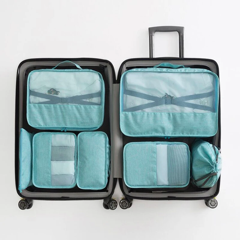 green 7 шт./компл. Чемодан упаковка Органайзер набор путешествия сетки в мешке Чемодан Органайзер косметическая упаковка, сумка-Органайзер для Костюмы - Цвет: green