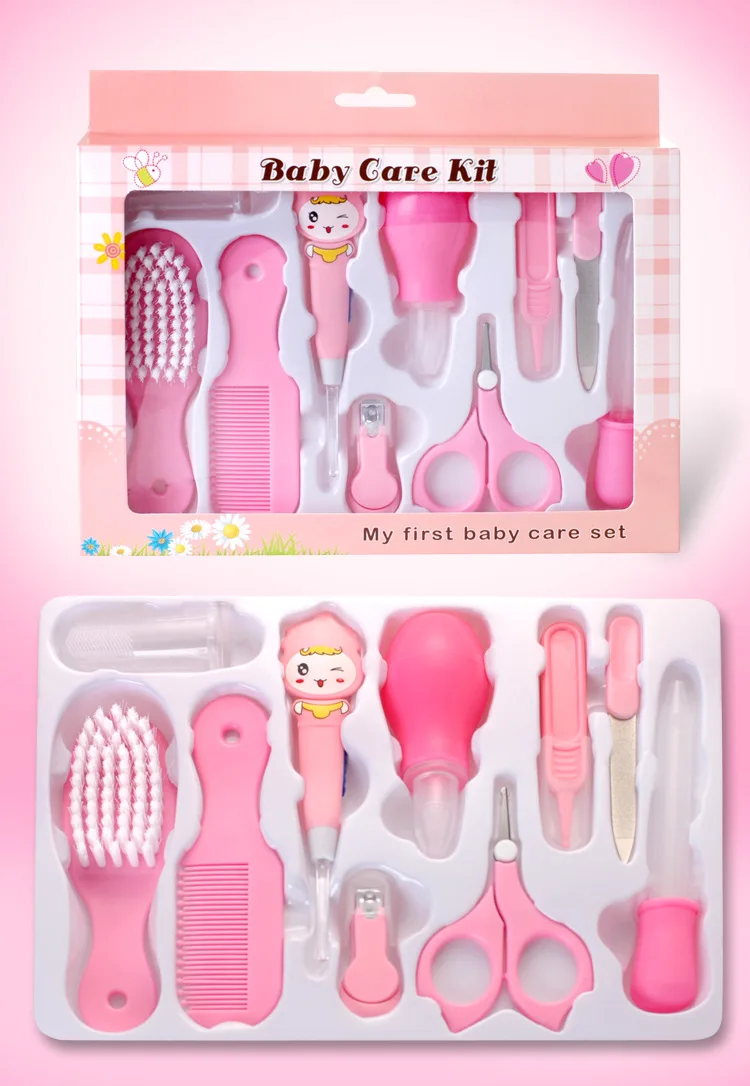 10Pcs/Set Baby Kids Nail Hair Health Care LED EarSpoon Nose Cleaner Toothbrush Safety Tools Grooming Brush Kit Newborn Baby Care - Цвет: Pink