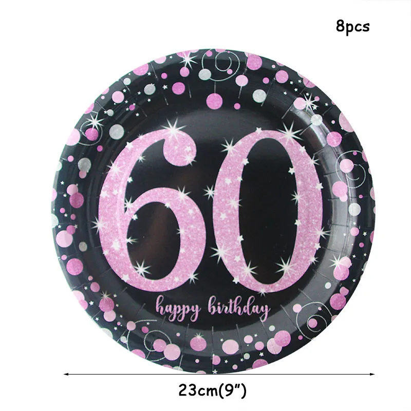 Украшения на день рождения для взрослых, 30, 40, 50, 60 лет, розовый, черный, одноразовый набор посуды для вечеринки, 50-й день рождения - Цвет: 8pcs 9inch plates 60