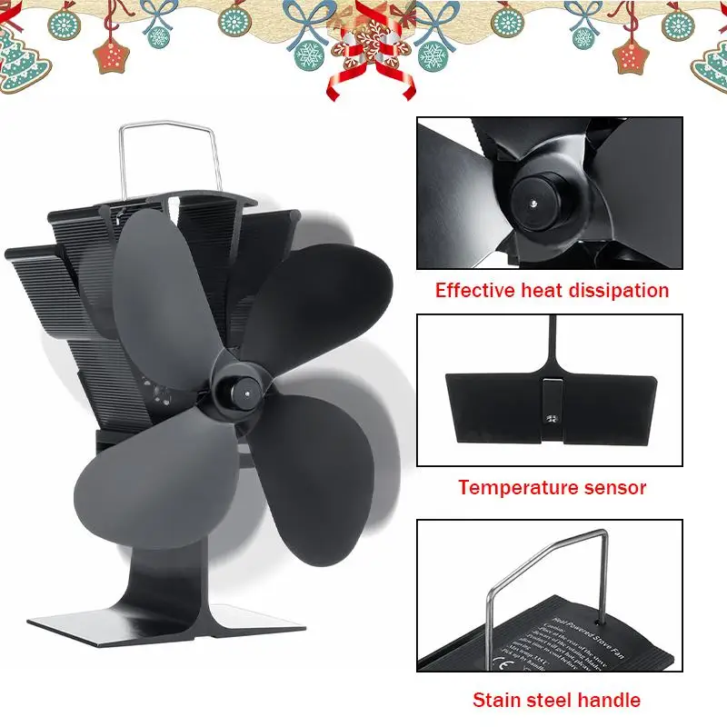 

4 Blades Black Stove Fan with Temperature Monitor Fireplace Fan Wood Burner Stove Thermal Heat Power Stove Fan