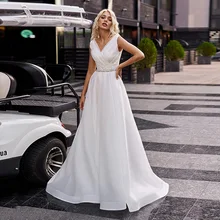 

Princess Wedding Dress Sexy V Neck Sleeves Pleat Beading Sequined A Line Organza Bridal Gown Vestido De Noiva Sweep Train