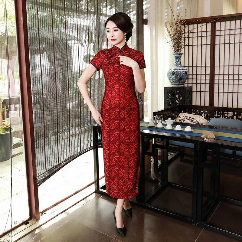 New Cheongsam Long Dress Novelty Mother Dress Retro Performance Lace Women Beautiful Long Qipao Chinese Qipao Clothing