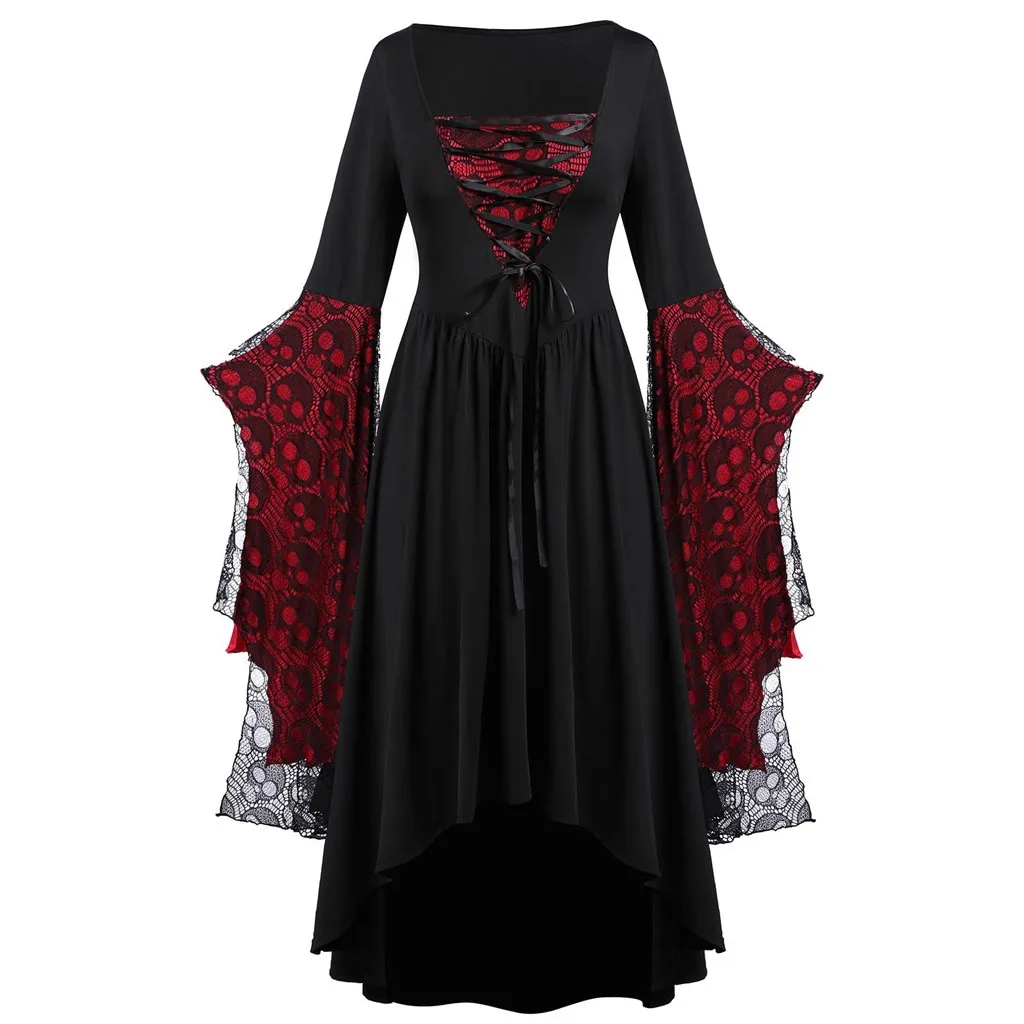 

Vintage Gothic Dress Plus Size Flare Long Sleeve Patchwork Skull Mesh Volie Lolita Lace Up Square Collar Punk Goth Dress Women