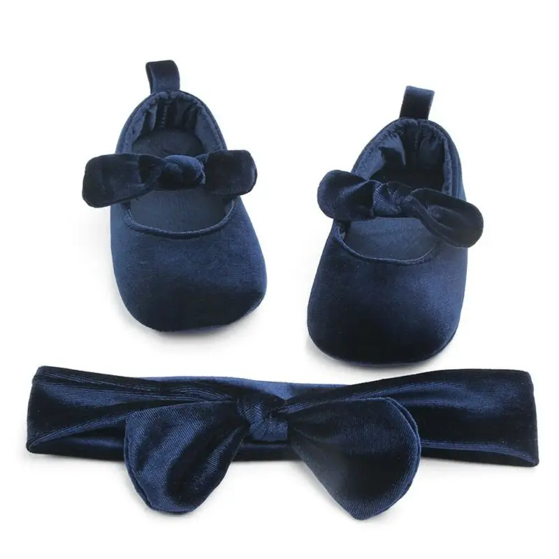 Детская обувь, милое детское платье с бантом для новорожденных, бархатная детская обувь+ повязка на голову, обувь на мягкой подошве, обувь для начинающих ходить 0-18 месяцев
