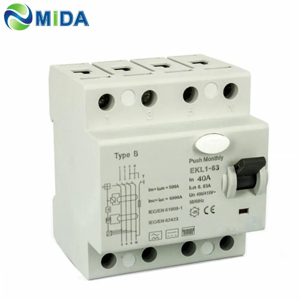 

415V 10KA 4 pole 30mA 40A Type B RCD Current breaker 63A B type RCCB for EV Charger Station