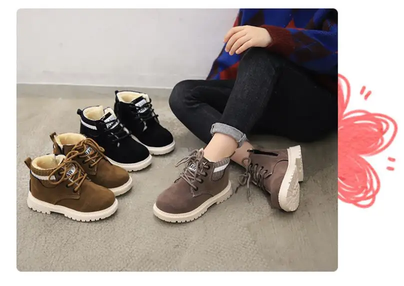 New Winter Fashion Child Leather Snow Boots For Girls Boys Warm Martin Boots Shoes Casual Plush Child Baby Toddler Shoe