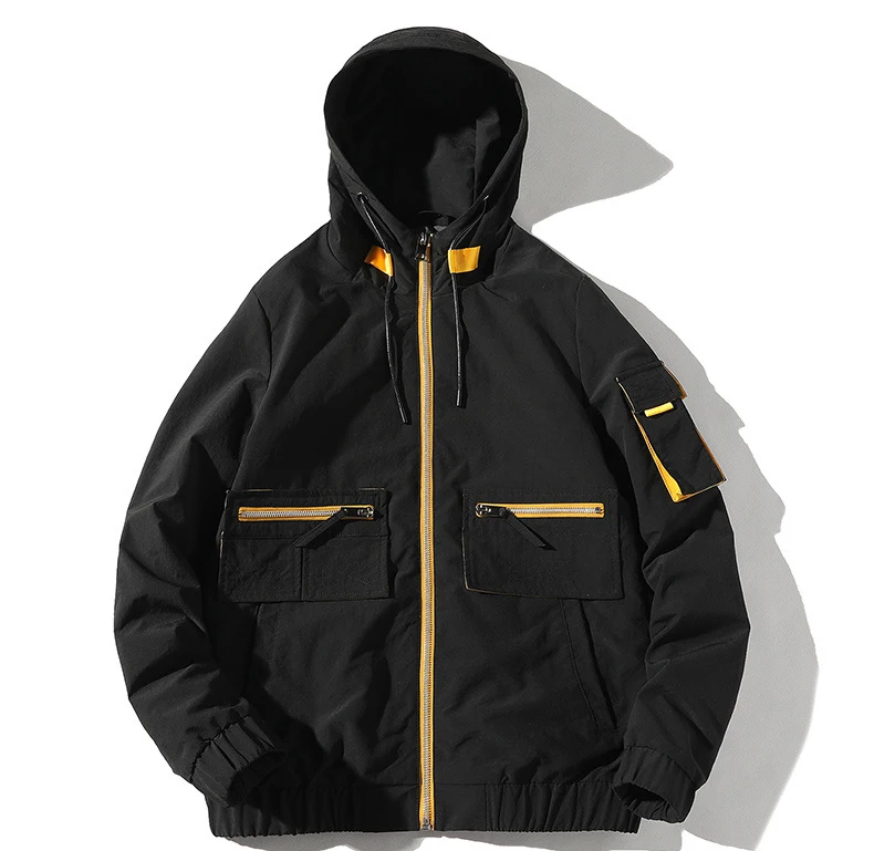 Передние молнии желтые мужские модные куртки 5XL ветрозащитные пальто с капюшоном хип хоп Уличная мужская куртка LBZ147