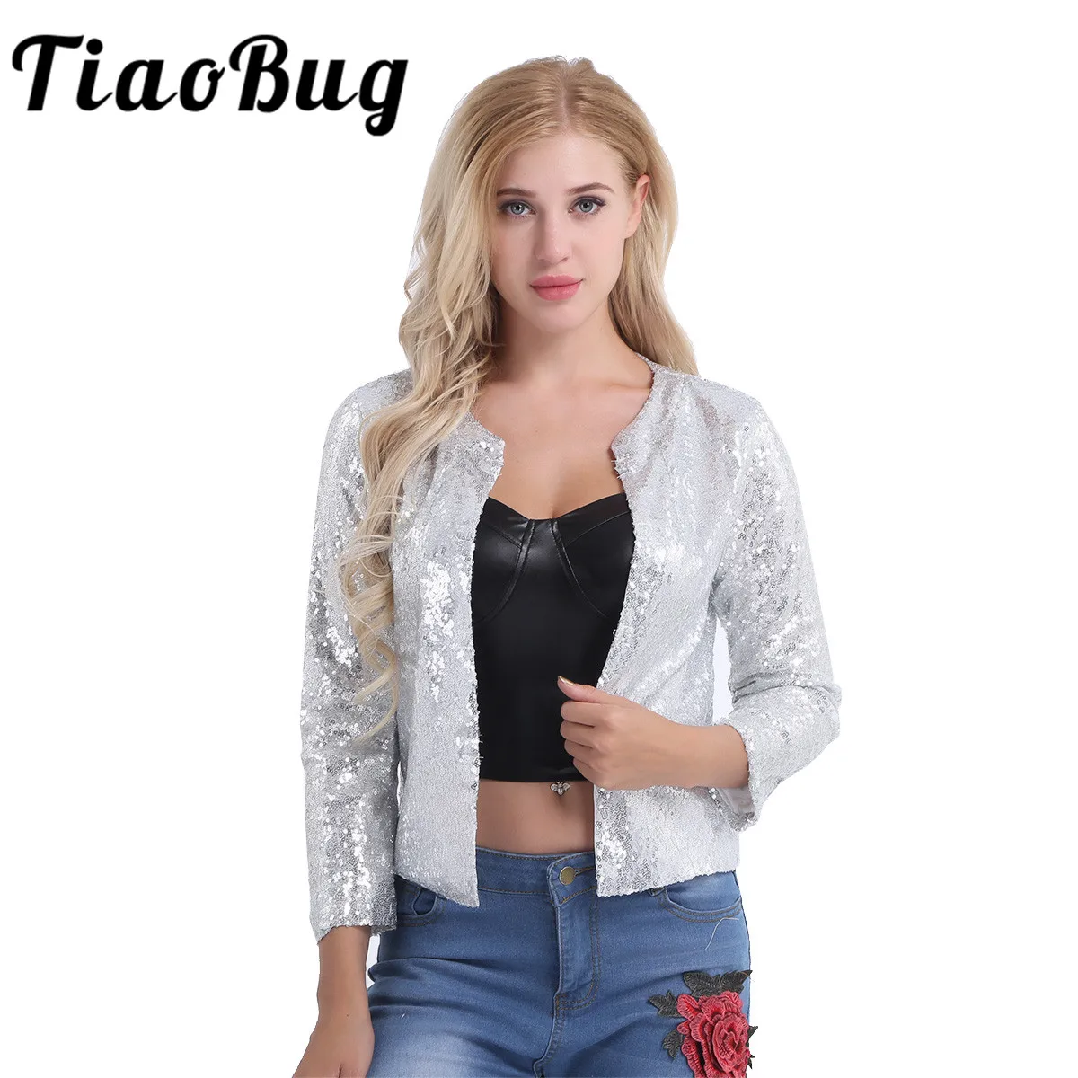 

Shiny Sequins Women Girls Long Sleeve Fashion Open Front Cardigan Office Work Formal Slim Blazer Jacket Coat Wedding Party Shrug