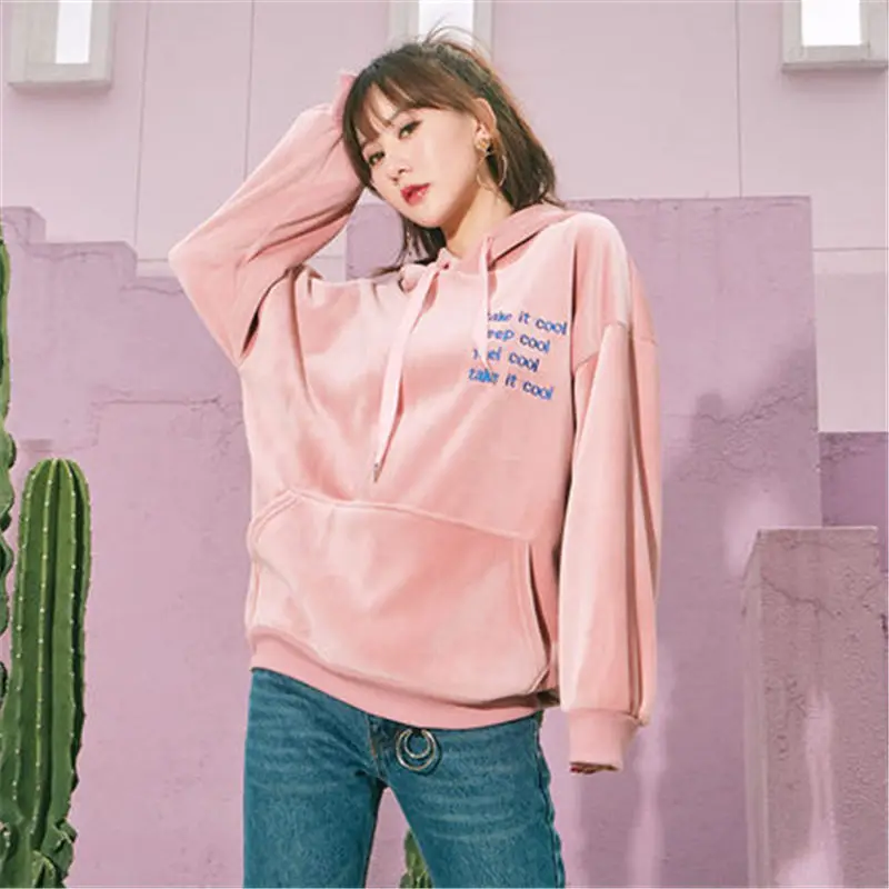 575 pink Новые толстовки женские свободные с капюшоном шикарные карманы досуг корейский вельветовый Свитшот фонарь рукав толстовка женские топы V906 - Цвет: 575 pink