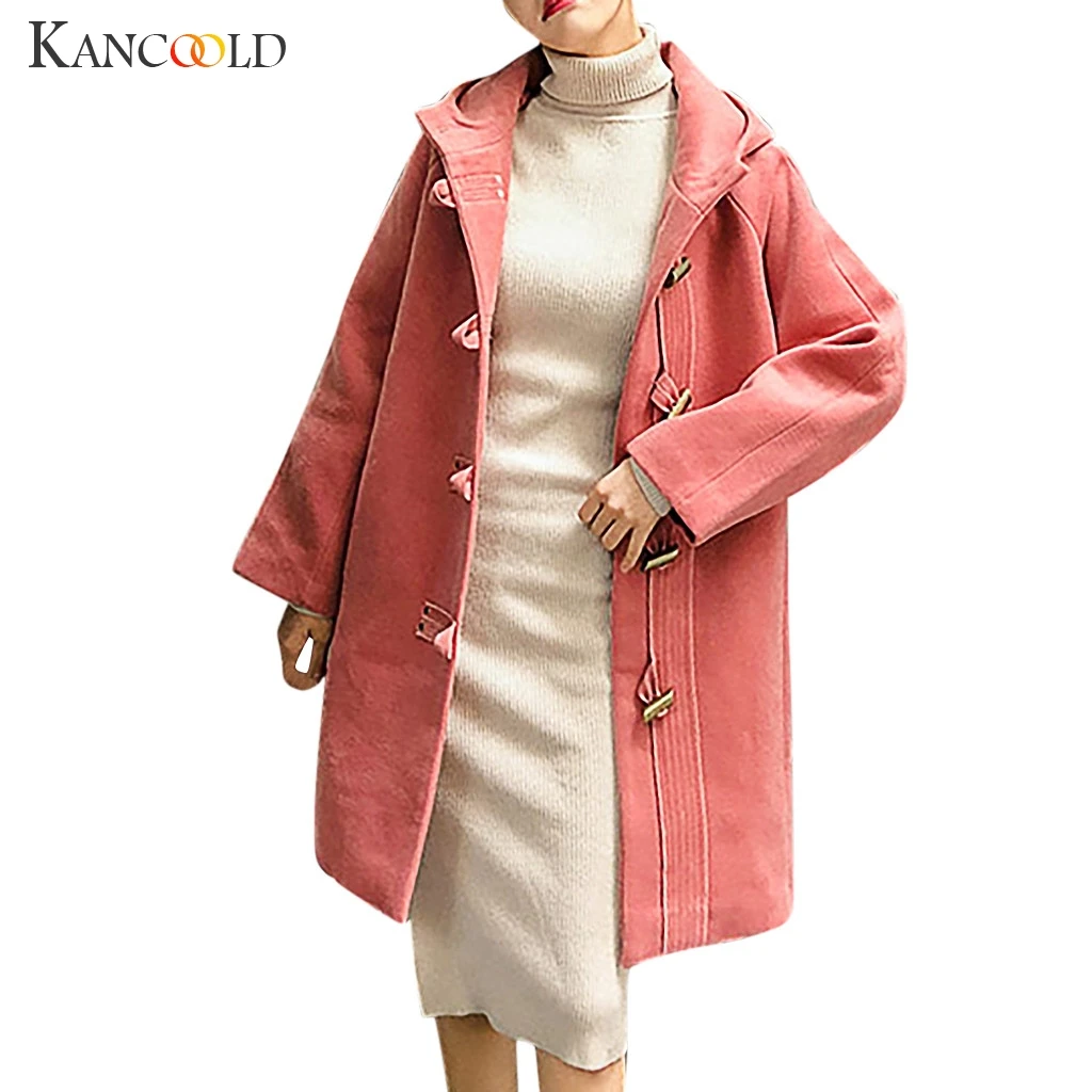 KANCOOLD Cow horn buckles coats women autumn and winter long woolen coat hooded student small coat