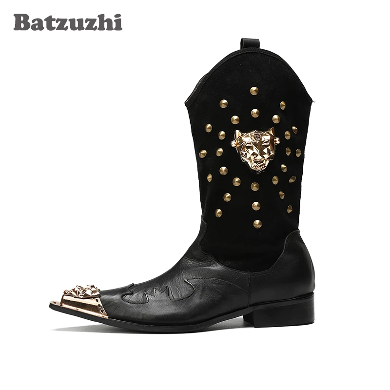 Batzuzhi/ковбойские Мужские ботинки в ковбойском стиле мужские кожаные ботинки до середины икры черные мотоботы с острым носком и металлическим носком мужские ботинки