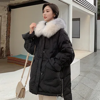 

Winter fluffy duck down coat female fashion hit color big real fox fur collar warm jackets hooded thicker warm coat