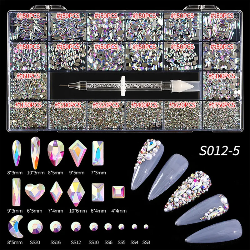 Swarovsky 122 Sizes Nail Art Rhinestone Set Multi Shape Crystal Flatback Non Hotfix Glass Diamond Sapphire Fancy Decoration | Красота и