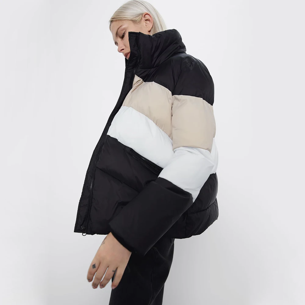 2019 ZA пуховое пальто, зимний пуховик для женщин, воротник-стойка, однотонный, черный, белый, женский пуховик, свободный, негабаритный, женская